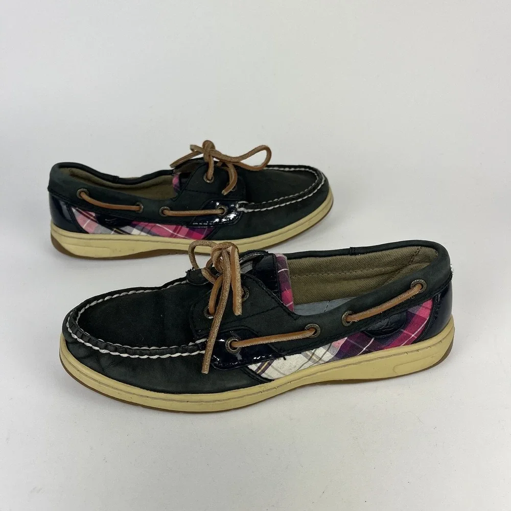 Sperry Top-Sider Koifish Womens‎ 7.5 Blue Plaid Boat Shoe Leather Preppy Deck